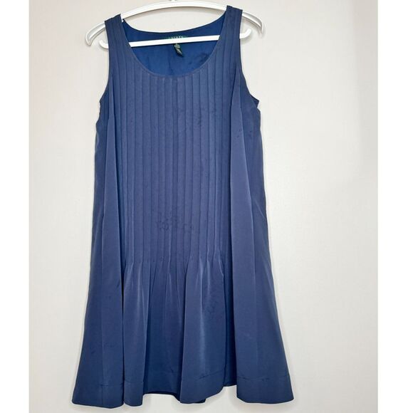 Lauren Ralph Lauren Blue Pleated Shift Dress Size 10 Sleeveless Classic Chic - Picture 2 of 6